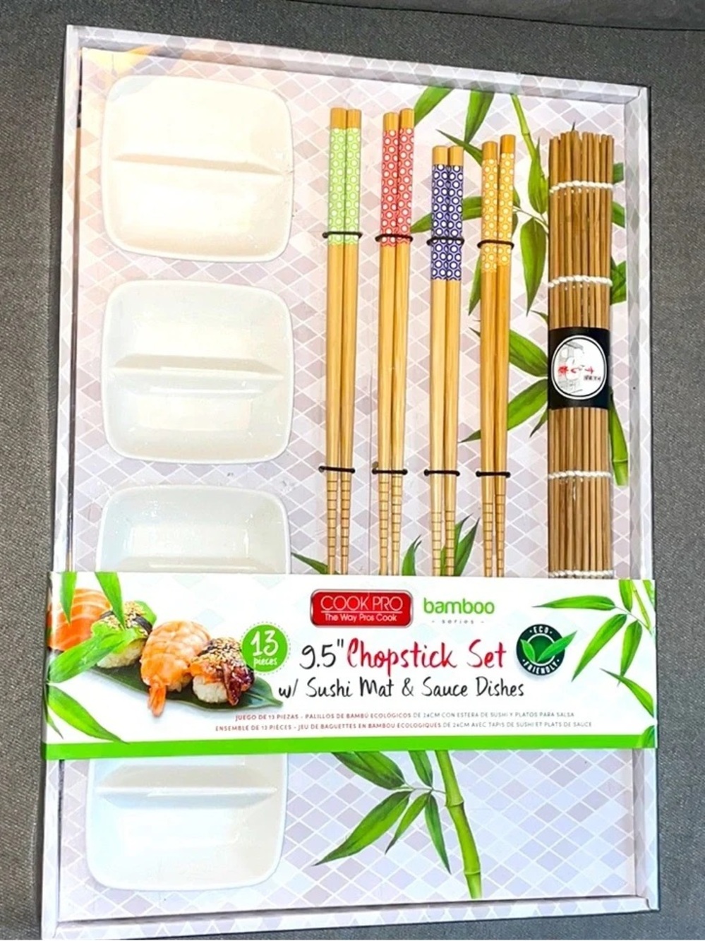 Cook Pro 9.5" Bamboo Chopstick Set with Sushi Mat & Sauce Dishes - Natural